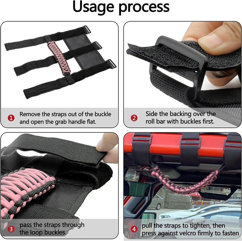 Kujunpao 4 X Roll Bar Grab Handles Grip Handle Compatible with Jeep Wrangler JLU JK JKU TJ YJ LJ JT JL & Gladiator JT 1987-2021 UTV & ATV, Fits 1.5 to 3 Inch Bars 3 Straps Woven Holder(Pink) - Image 3